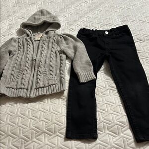 Girls Gray Cable Knit Hooded Jacket and Black Jeans 3T-4T